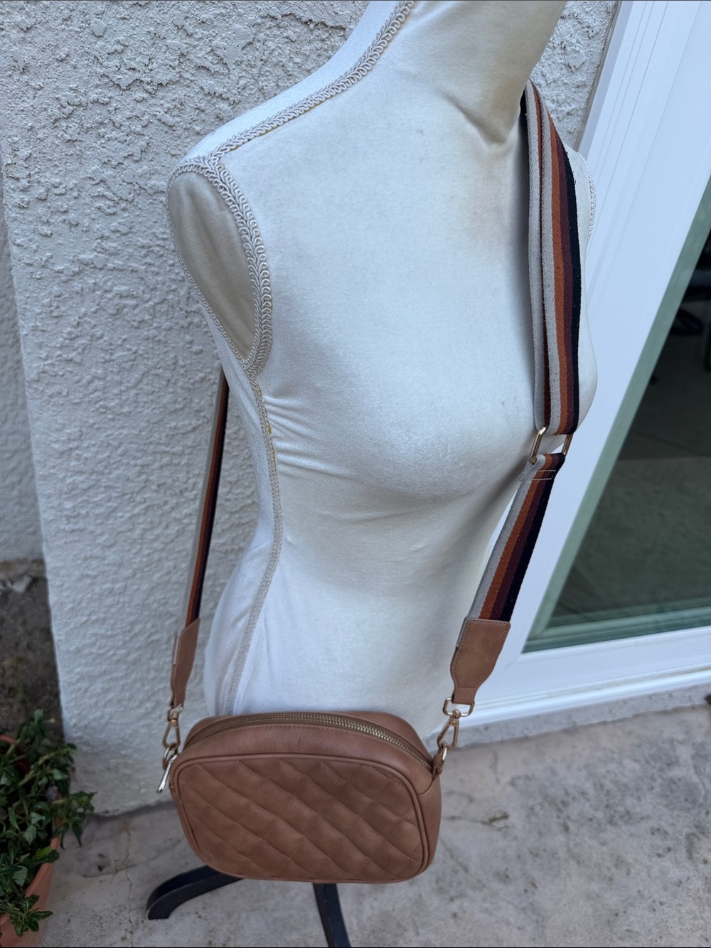 Bostanten Tan Quilted Vegan Leather Camera Crossbody Purse